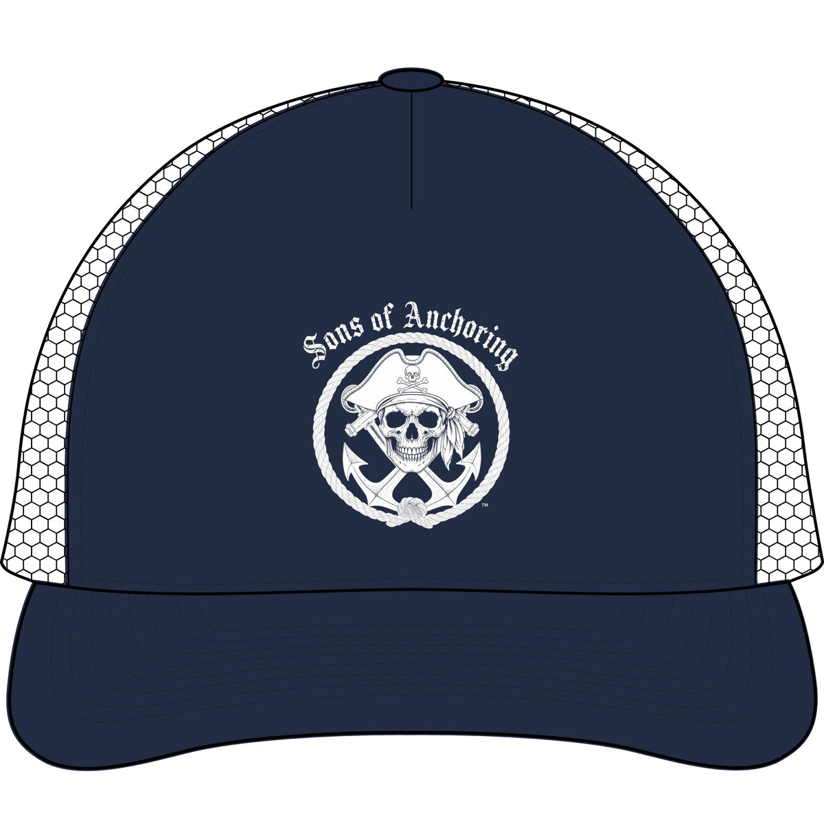 "Sons of Anchoring" Pirate Skull Five-Panel Retro Trucker Cap