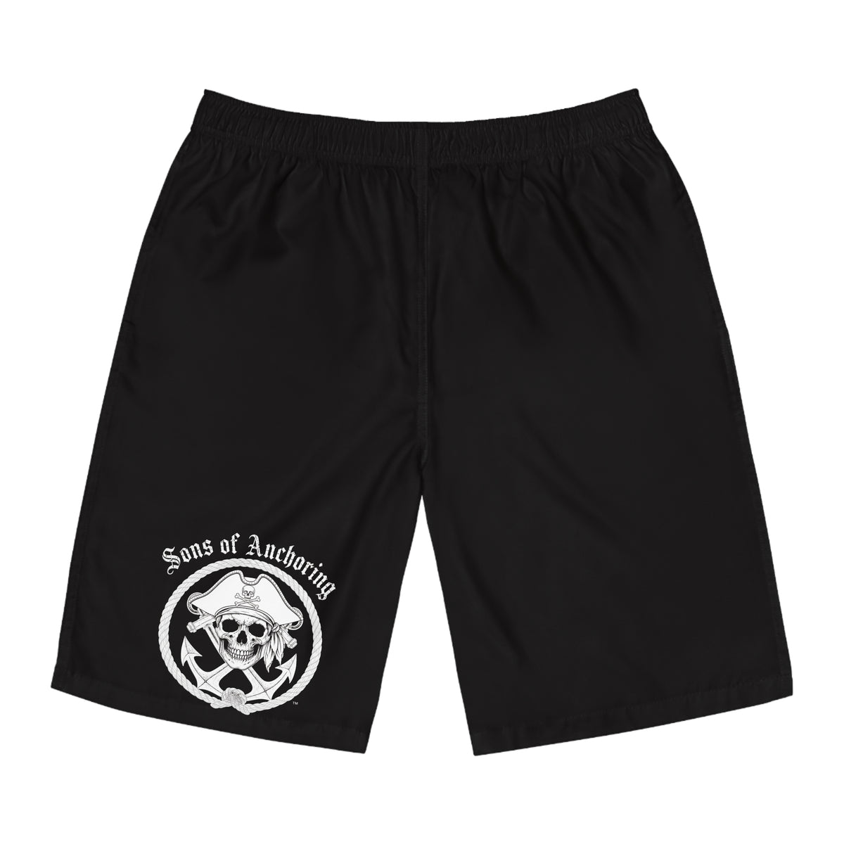 Board Shorts - "Sons of Anchoring" Pirate Skull and Crossed Anchor Swim Trunks