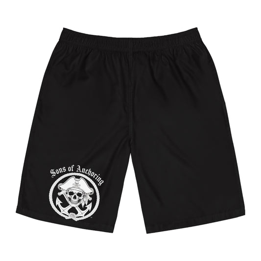 Board Shorts - "Sons of Anchoring" Pirate Skull and Crossed Anchor Swim Trunks