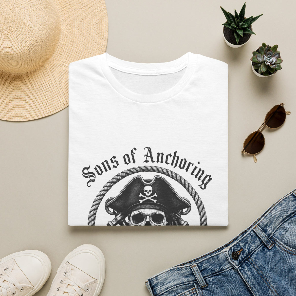 Pirate Skull 'Sons of Anchoring' T-Shirt - White with Motto