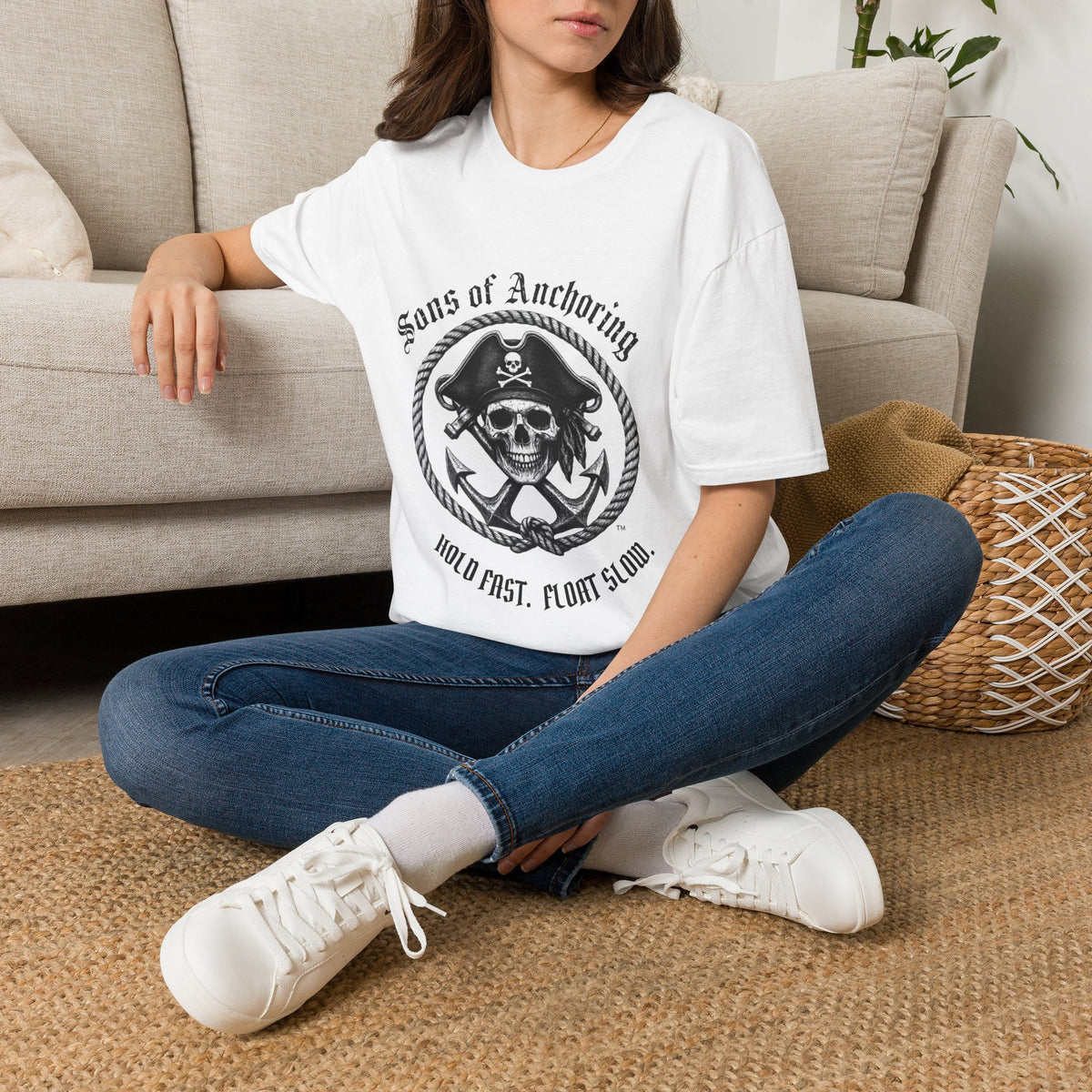 Pirate Skull 'Sons of Anchoring' T-Shirt - White with Motto