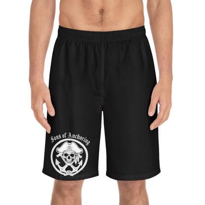 Board Shorts - "Sons of Anchoring" Pirate Skull and Crossed Anchor Swim Trunks